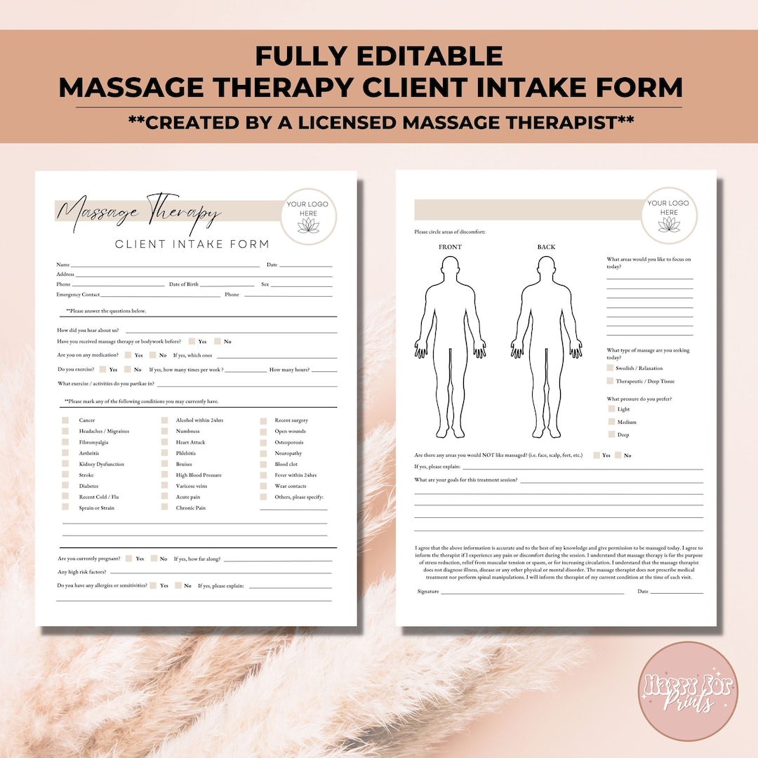 Massage Client Intake and Consent Forms Editable, Client Intake Form ...