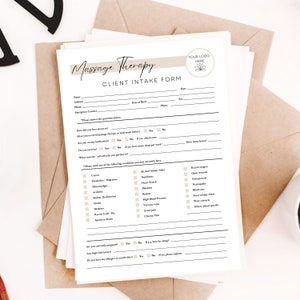 Puede incluir: Un formulario de admisi&oacute;n blanco para terapia de masaje con el t&iacute;tulo "Massage Therapy Client Intake Form". El formulario incluye secciones para informaci&oacute;n personal, historial m&eacute;dico y preguntas sobre el consumo de alcohol y cirug&iacute;as recientes.