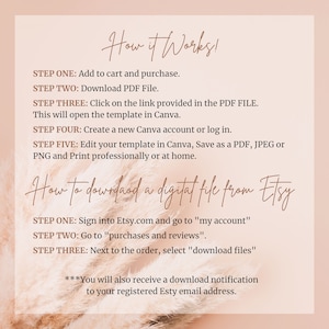 Puede incluir: Un fondo rosa y blanco con texto que explica c&oacute;mo descargar un archivo digital de Etsy. El texto incluye los pasos sobre c&oacute;mo agregar al carrito, descargar un archivo PDF y c&oacute;mo editar la plantilla en Canva. El texto tambi&eacute;n incluye los pasos sobre c&oacute;mo descargar un archivo digital de Etsy.