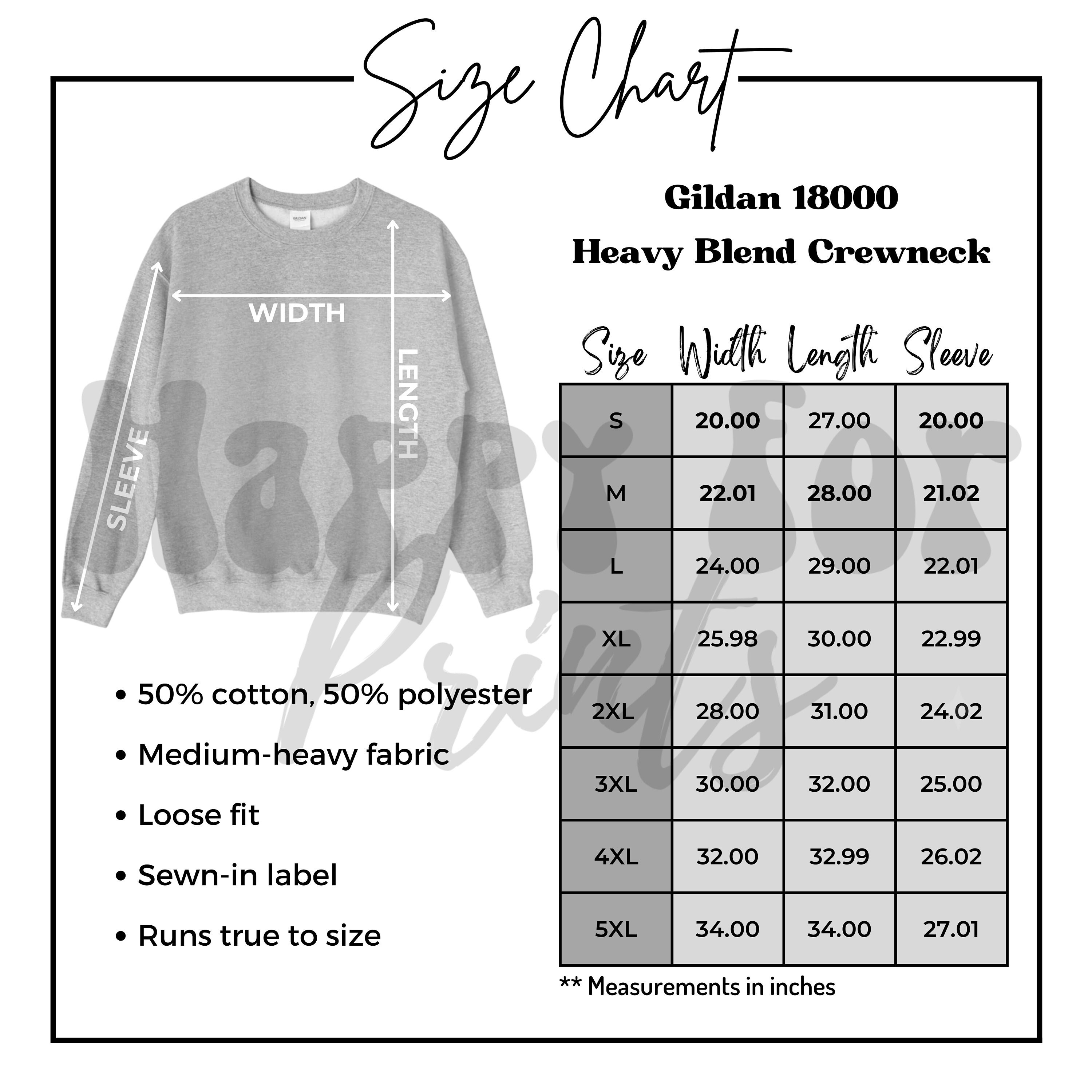 Gildan 18000 Size Chart, Unisex Size Chart, Gildan Crewneck Size Chart, White background Gildan 18000 Size Guide, Downloadable Size Chart