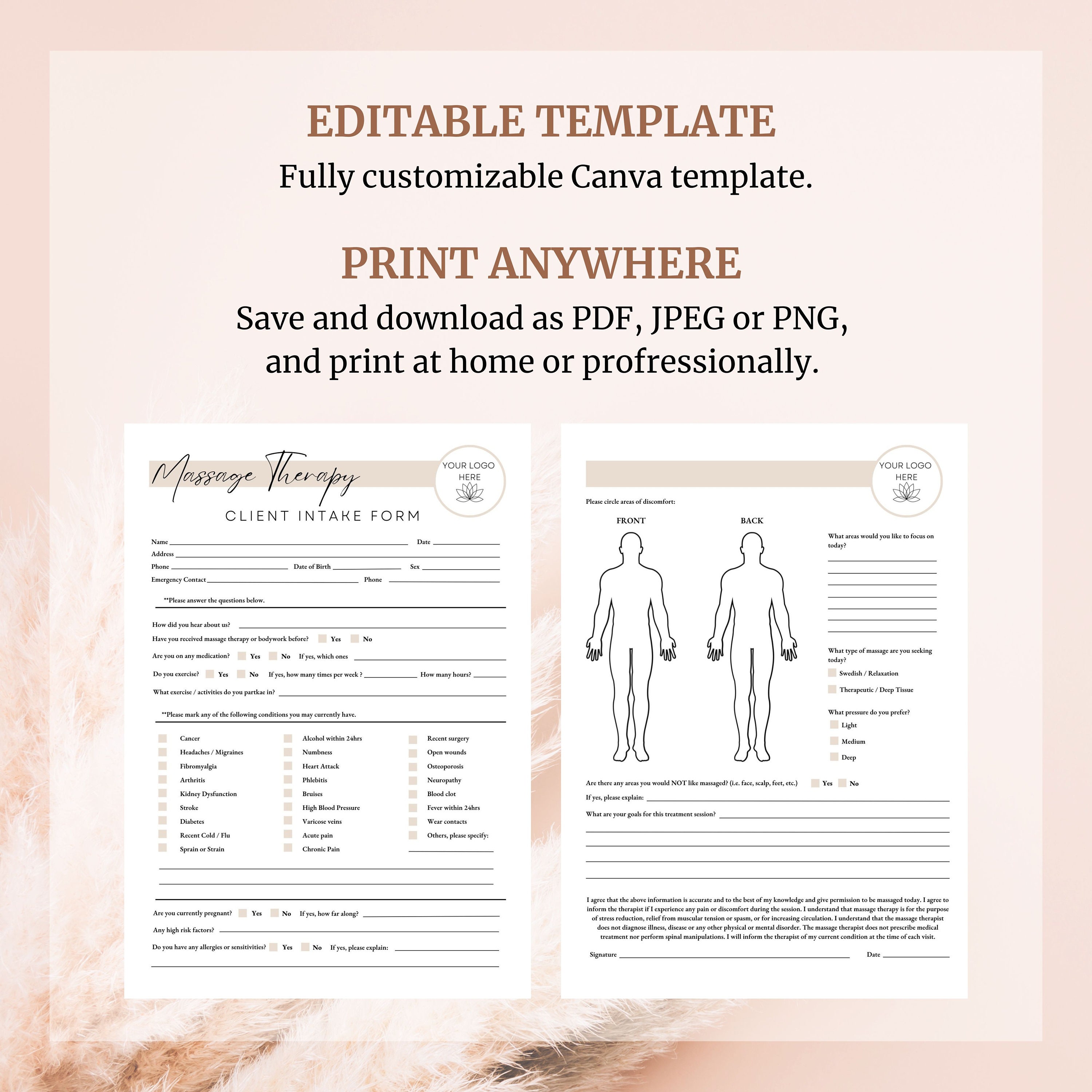 Massage Client Intake and Consent Forms Editable, Client Intake Form ...