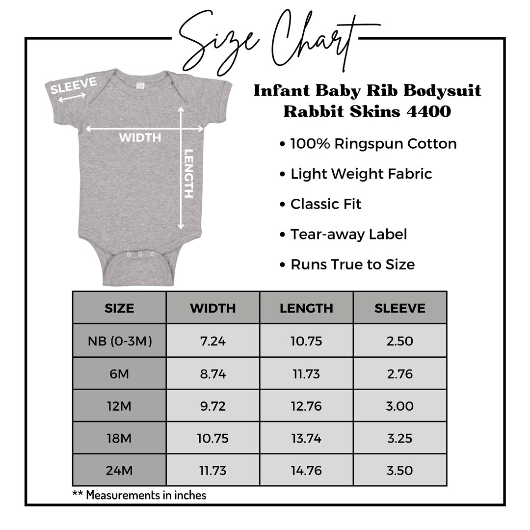 Rabbit Skins 4400 Size Chart Infant Baby Rib Bodysuit Size Etsy