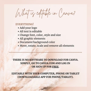 Puede incluir: Un gr&aacute;fico rosa y marr&oacute;n con el texto "What is editable in Canva?" y una lista de caracter&iacute;sticas que son editables en la plataforma de dise&ntilde;o Canva. El texto tambi&eacute;n indica que no hay ning&uacute;n software que descargar para Canva y que los usuarios pueden simplemente ir a Canva.com e iniciar sesi&oacute;n o registrarse de forma gratuita. El texto tambi&eacute;n indica que Canva es editable con un ordenador, un tel&eacute;fono o una tableta y que hay una aplicaci&oacute;n descargable para tel&eacute;fono o tableta.