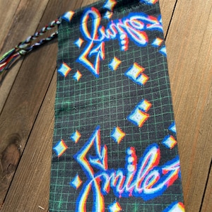 RTS OOAK SMiiiLe IV tarot card drawstring pouch original fabric witches and wanderers psychedelic hand drawn design neon grid street art