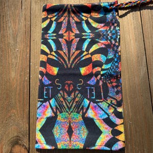 RTS OOAK Let’s Get Weird tarot card drawstring pouch original fabric witches n wanderers psychedelic hand drawn oil slick psyvortex rainbow