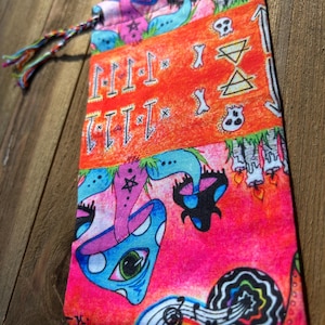 RTS OOAK TiMe\\SPaCe tarot card drawstring pouch original fabric witches and wanderers witchy psychedelic stoney mushroom design