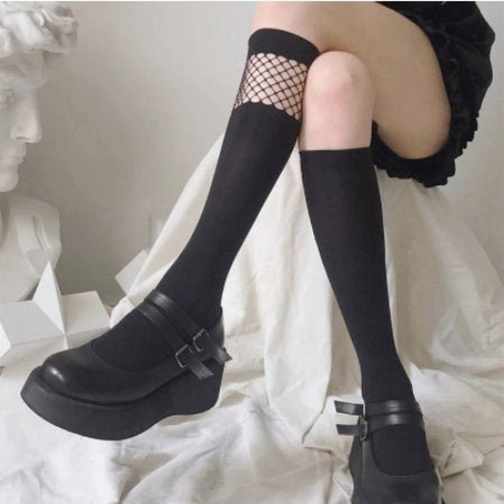 Black Patchwork Mesh Knee High Socks 
