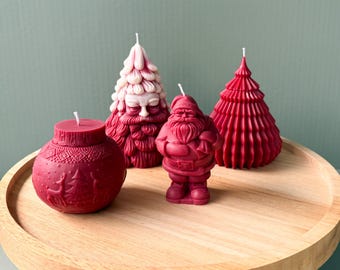 Set of 4 Candles - The Perfect Christmas Candles - Santa Ornament Christmas Trees Shapes - Unique Christmas Living Room Decor - Shelf Decor