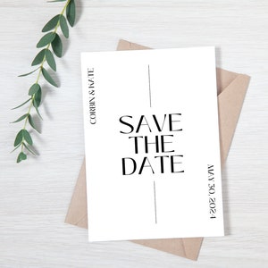 モダンなSave the Dateテンプレート、モダンな花嫁招待状、ミニマリストなSave the Date DIY印刷可能テンプレート、縦書きのSave the Date