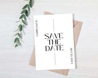 Moderne Save the Date Template, Invitations de mariée modernes, Minimalist Save the Date DIY Printable Template, Vertical Writing Save the Date