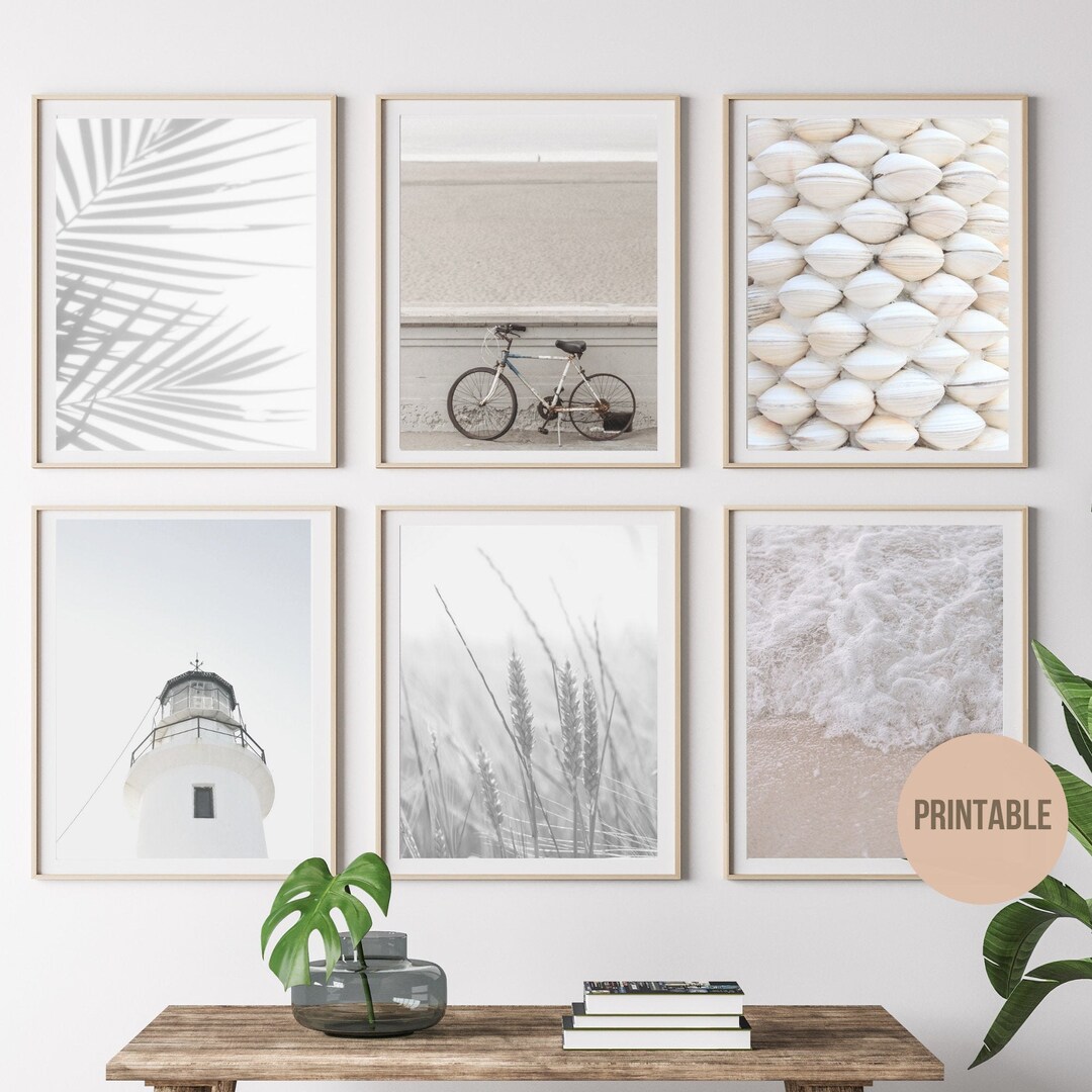 White Beach Coastal Collection, Beach Set of 6 Prints, Surf Print With Plants Waves Bicycle ...