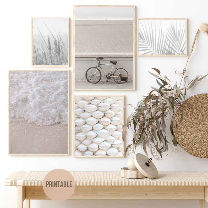 White Beach Coastal Collection, Beach Set of 6 Prints, Surf Print With Plants Waves Bicycle ...