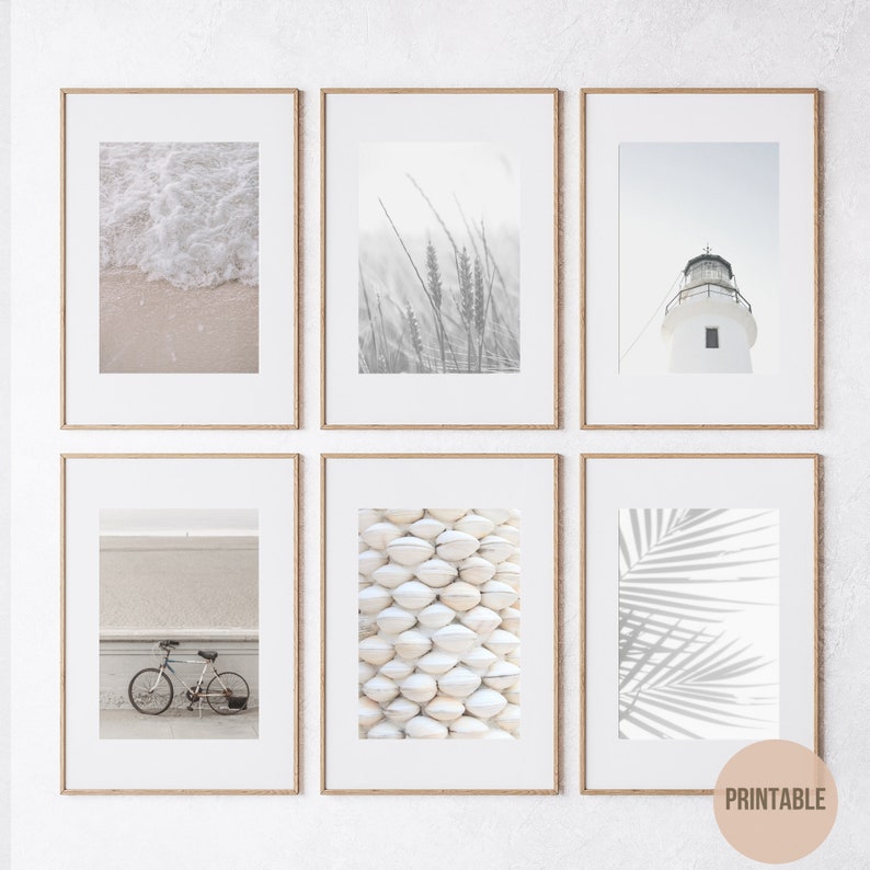 White Beach Coastal Collection, Beach Set of 6 Prints, Surf Print With Plants Waves Bicycle ...