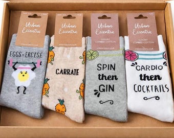 4 Pair Funny Socks Gift Set | Spin Gin Cardio Cocktails Cotton Blend (UK 4-8)