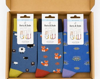 Men’s Bamboo Socks Gift Set - Blue Countryside Animal Socks Box - Fox, Sheep & Eye Pattern Socks - Father’s Day, Birthday Christmas (7-11)