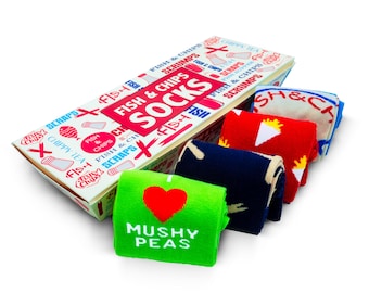 Fish & Chips Sock Gift Set – 4 Pairs – Funny British Gift – Chippy Socks Box – Food Lover Gift – Letterbox Friendly