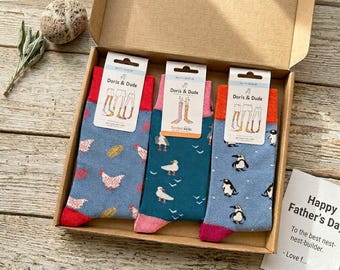 Men's Bamboo Bird Socks Gift Set | Puffin, Seagull, Chicken Designs (UK 7-11)