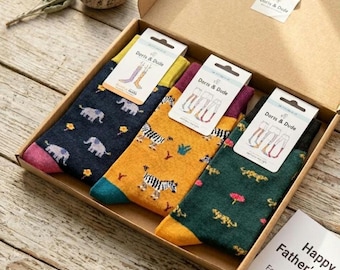 Men's Safari Bamboo Socks Gift Set: Elephants, Zebras, Leopards (UK 7-11)