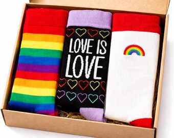 Pride Socks Gift Set (3 Pairs) | Rainbow & Love Is Love Socks | LGBTQ+ Gift Idea | Unisex Size 6–11 | Letterbox Friendly Gift