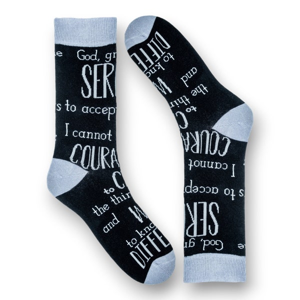 Serenity Prayer unisex black mid calf cotton blend socks - sober birthday gift Christian gift for him or her friendship Christmas present