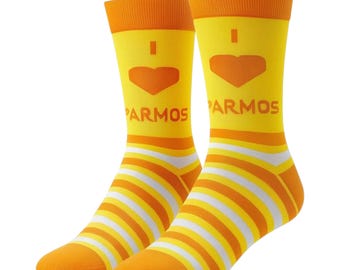 I Love Parmo Socks – Funny Food Socks – Teesside Gift – Novelty Socks for Him or Her – British Food Gift – UK Boro 6-11