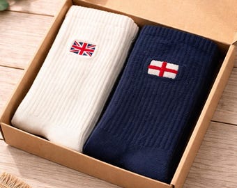 Men’s Sports Socks Gift Set – Great Britain & England Flag Socks – Cotton Rich Crew Socks – UK GB Gift for Him  - St George's Day British