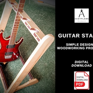 Könnte beinhalten: Ein Gitarrenständer aus Holz mit einer roten E-Gitarre, die darauf liegt. Der Ständer ist aus hellem Holz und hat ein schlichtes Design. Der Text "GUITAR STAND" ist in großen weißen Buchstaben auf schwarzem Hintergrund. Der Text "SIMPLE DESIGN WOODWORKING PROJECT" ist in kleineren weißen Buchstaben auf schwarzem Hintergrund. Der Text "DIGITAL DOWNLOAD" ist in weißen Buchstaben auf schwarzem Hintergrund. Ein kleines Symbol einer PDF-Datei befindet sich unter dem Text "DIGITAL DOWNLOAD".