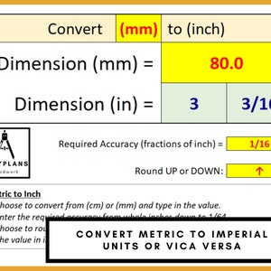Puede incluir: Una tabla amarilla y verde con una ilustración en blanco y negro de una brújula. La tabla tiene un encabezado que dice "Convertir (mm) a (pulgadas)". La tabla tiene dos filas, una para "Dimensión (mm)" y otra para "Dimensión (pulgadas)". La tabla tiene dos columnas, una para el número entero y otra para la fracción. La tabla muestra que 80,0 mm es igual a 3 y 3/16 pulgadas. La tabla también tiene una sección para "Precisión requerida (fracciones de pulgada)" y "Redondear hacia arriba o hacia abajo".