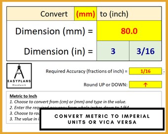 Simple Spreadsheet Converts Between INCHES and METRIC either way, EASY to Use, Practical Units, Use on your Phone.