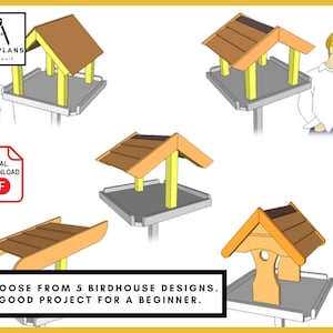 PLANNEN voor vogelvoederhuisje, 5 ontwerpen, eenvoudig doe-het-zelf-houtbewerkingsproject voor de tuin