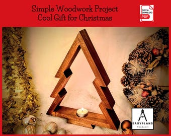 May include: A wooden Christmas tree cutout with a small candle holder in the center. The tree is a simple design with a few layers of branches. The tree is sitting on a white surface with a gold garland and pine cones in the background. The text "Simple Woodwork Project Cool Gift for Christmas" is at the top of the image. The text "Digital Download PDF" is in a red box in the upper right corner of the image.