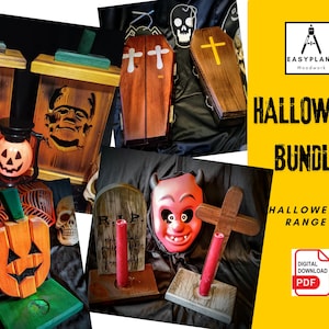May include: A collection of Halloween-themed woodworking plans, including a coffin, a jack-o'-lantern, a tombstone, and a cross. The plans are available as digital downloads in PDF format. The image also includes a variety of Halloween decorations, such as a jack-o'-lantern, a skull, and a devil mask.