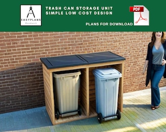 May include: Wooden trash can storage unit with two compartments, each holding a wheeled trash bin. The unit has a black top and is labeled "TRASH CAN STORAGE UNIT SIMPLE LOW COST DESIGN PLANS FOR DOWNLOAD". The Easyplans Woodwork logo is in the upper left.