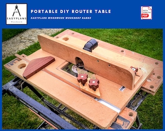 May include: A portable DIY router table made of wood with a router mounted on top. The table has a fence and a miter gauge for precise cuts. The table is sitting on a black metal stand. The image includes the text "PORTABLE DIY ROUTER TABLE" and "EASYPLANS WOODWORK WORKSHOP RANGE".