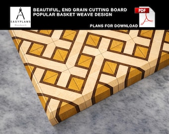 May include: A wooden cutting board with a basket weave design. The board features a geometric pattern of light and dark wood squares and rectangles. The text "BEAUTIFUL, END GRAIN CUTTING BOARD POPULAR BASKET WEAVE DESIGN" is visible.