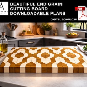 Puede incluir: Tabla de cortar de madera de testa rectangular con un patrón geométrico de madera clara y oscura alternada. El texto "BEAUTIFUL END GRAIN CUTTING BOARD DOWNLOADABLE PLANS" se muestra en la parte superior. Un icono PDF es visible.