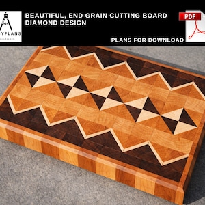 May include: A rectangular end-grain cutting board with a diamond design. The board features a mosaic pattern of light and dark wood tones, with a border of alternating wood strips. Text on the image reads "BEAUTIFUL, END GRAIN CUTTING BOARD DIAMOND DESIGN".
