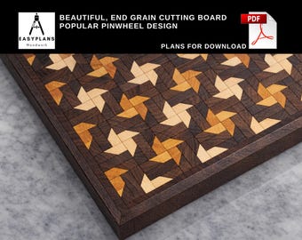 May include: A beautiful end grain cutting board with a popular pinwheel design. The board features a dark brown frame and a patterned surface with light and medium brown pinwheel shapes. The text "EASYPLANS Woodwork" and "PLANS FOR DOWNLOAD" is visible.