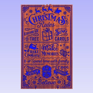 May include: A wooden sign with blue text that reads "Christmas Rules". The sign has a festive design with images of a Christmas tree, presents, cookies, and reindeer. The text on the sign includes "Decorate the tree", "Sing Carols", "Bake Cookies", "Make Memories", "Spend time with family", "Stay Jolly", "Eat Drink Be Merry", "Open Presents", and "Believe".