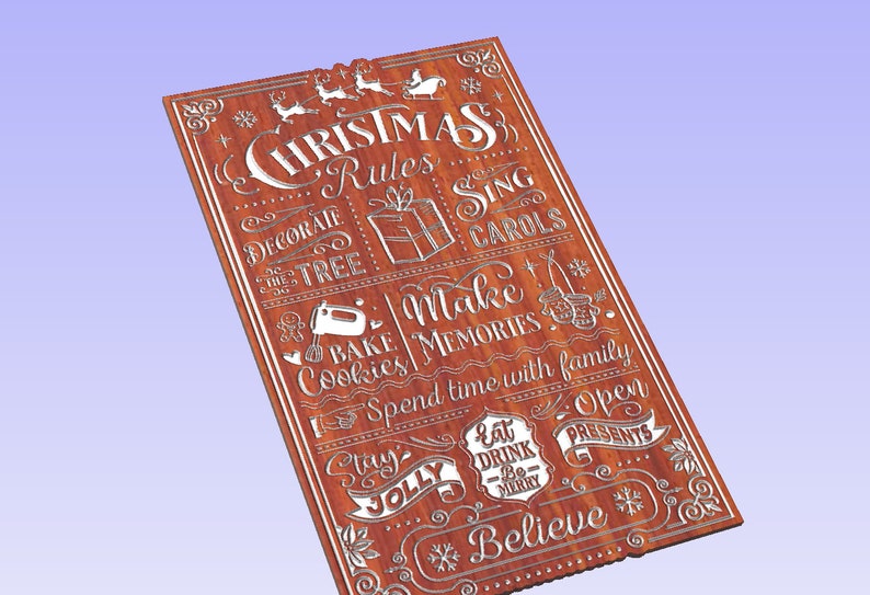 May include: A wooden sign with white text that reads "Christmas Rules" and includes a list of Christmas traditions, such as decorating the tree, baking cookies, making memories, and spending time with family. The sign is decorated with festive images, including a Christmas tree, a gingerbread man, a Santa Claus, and a snowflake.