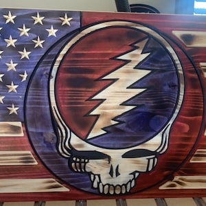 Custom Rustic American Flag with Grateful Dead - Steal Your Face Design - Choose Your Size