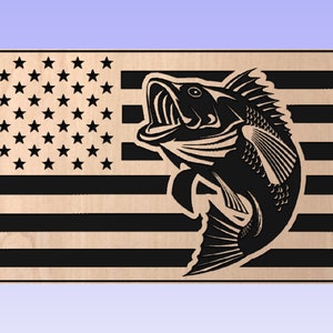 May include: A wooden sign with a black silhouette of a bass fish jumping out of the water. The fish is in front of a black and white American flag design.