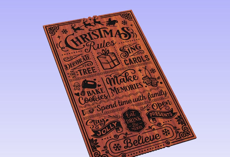 May include: A wooden sign with a Christmas theme. The sign has a red background with black text and illustrations. The text reads "Christmas Rules" and includes a list of Christmas activities such as "Decorate the Tree", "Bake Cookies", "Sing Carols", "Make Memories", "Spend time with family", "Stay Jolly", "Eat Drink Be Merry", "Open Presents", and "Believe".