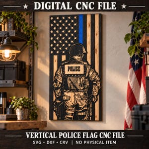 May include: A rectangular wooden wall art piece featuring a carved American flag with a thin blue line and a police officer in tactical gear seen from behind. The officer's vest is clearly labeled with the word POLICE in bold black letters.
