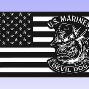 May include: Black and white graphic of the American flag with the words "U.S. MARINES DEVIL DOG" and a bulldog wearing a hat. The flag has white stripes and stars. The bulldog is snarling, and the text is in a semi-circular design.
