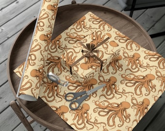 Oktopus Geschenkpapier orange, Vintage Papier, Matt und Satin Optionen