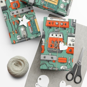 Vintage radio, Record player, Turntable, Audiophile,  Vintage, Gift Wrap Paper , vintage paper, ORANGE, WHITE, BLUE
