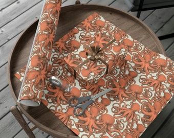 Oktopus Geschenkpapier rot Ton, Vintage Papier, Matt und Satin Optionen