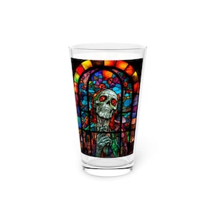 Pint glass, Skeleton, Zombie, walking dead, night of the living dead, Halloween, creepy, eerie, stain glass, Dark Church Glass, 16oz