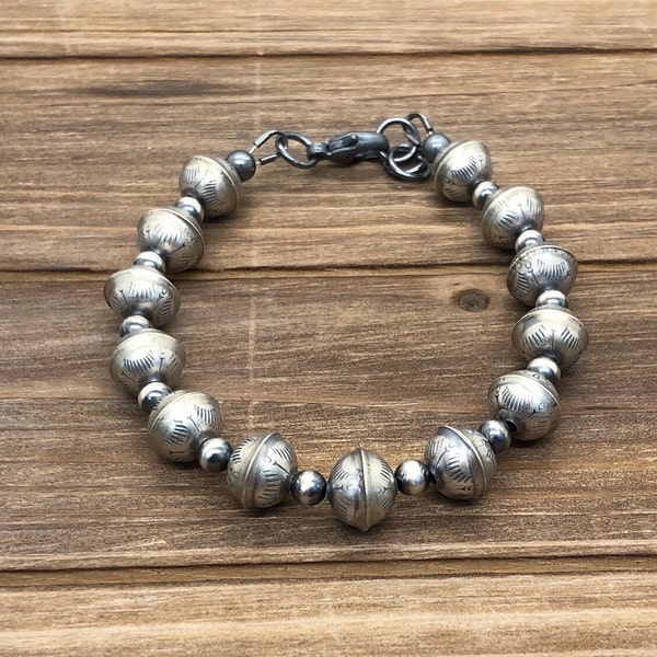 Navajo Pearl Sunrise Stamped Seamed Sterling Silver Bracelet